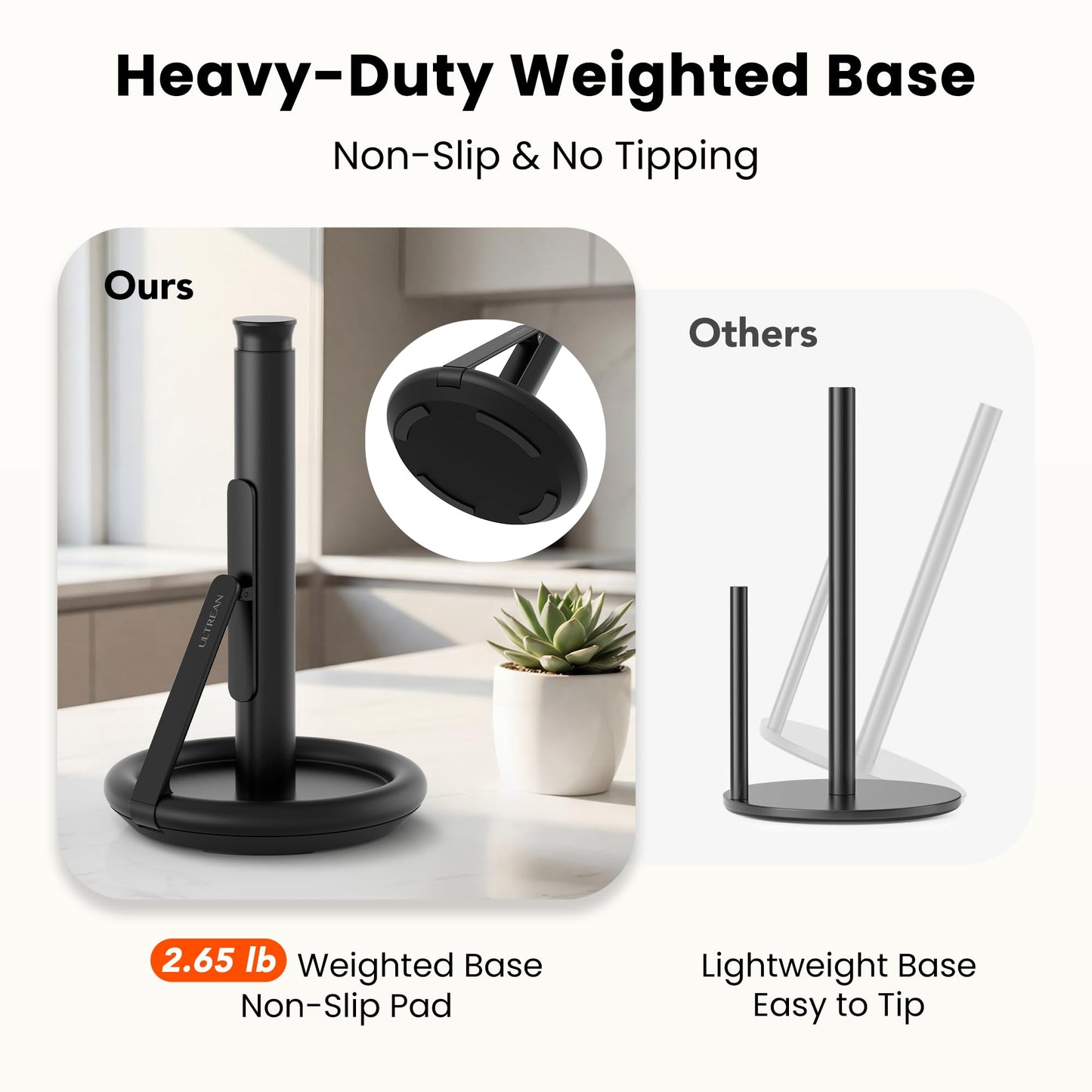 Ultrean Paper Towel Holder with Spray Bottle, Countertop Freestanding Paper Towel Dispenser with Spring-Loaded Tension Arm for One-Handed Tear, Weighted Base, Stainless Steel for Kitchen, Black