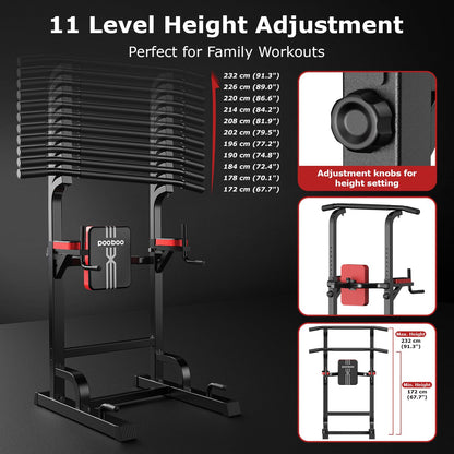 Power Tower Dip Station Pull Up Bar for Fitness Home Gym Workout,Multi-Function Adjustable Height Fitness Strength Training Exercise Equipment,with Power Elastic Ropes,Black Red-02