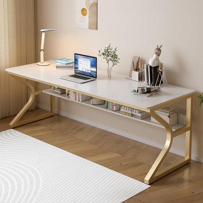 OSCHF Extra Long Desk with Bookshelf - 71" Double Long Writing Table for 2-Person Workstation, Modern Study Work Computer Desk for Home and Office, Gold