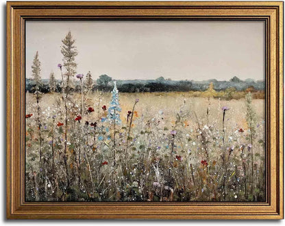 Gold Framed Vintage Wall Art, Classical French Landscape Wildflowers Botanical Painting Canvas Print for Kitchen