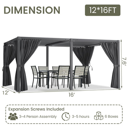 SAILARY Louvered Pergola 12' x 16' with Waterproof Curtains, Outdoor Aluminum Pergola with Reinforced Steel Roof, Heavy-Duty Hardtop Gazebo, Privacy Shaded Shelter, Grey