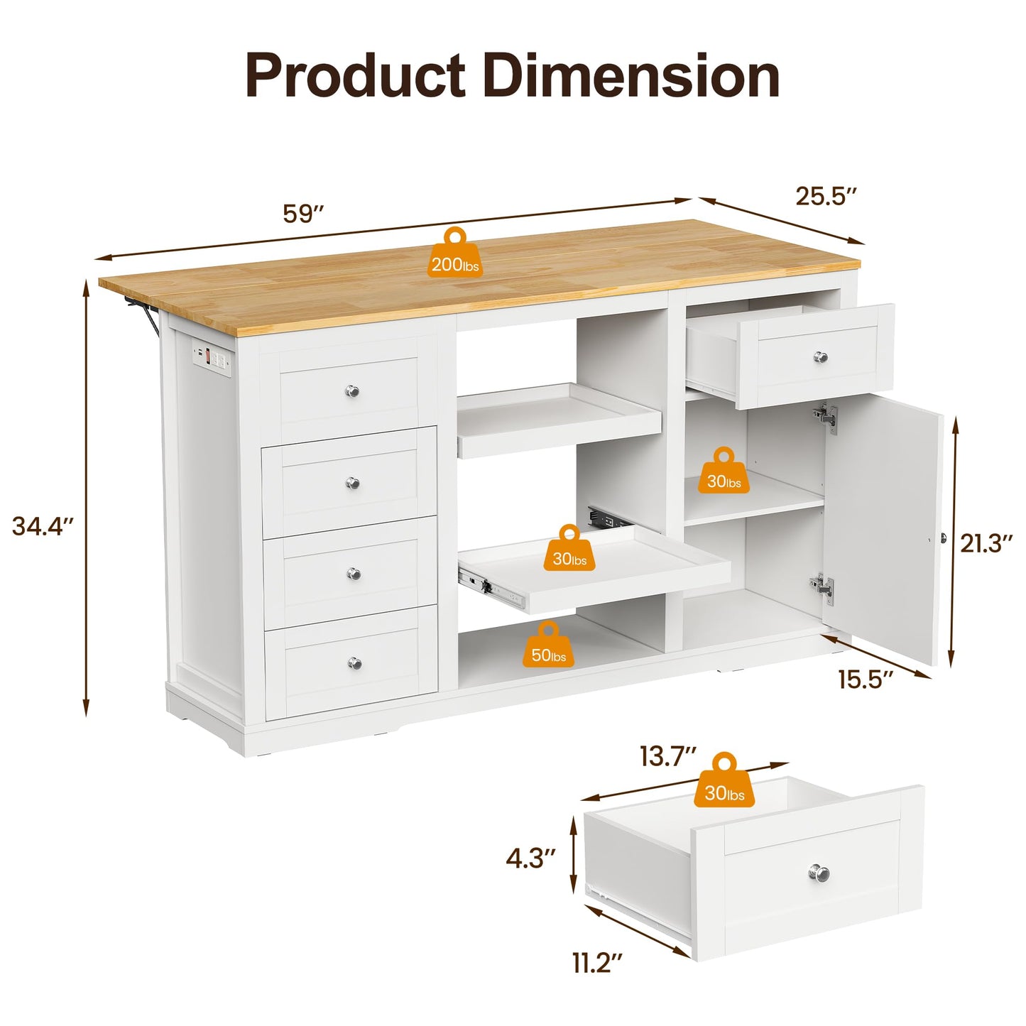 RoyalCraft 59'' Kitchen Island with Storage and Drop Leaf, Kitchen Island Table, Coffee Station Cabinet with Solid Rubber Wood Top, Pull-Out Trays, Drawers, Adjustable Shelves, Power Outlet, White