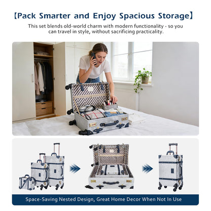UNIWALKER 2-Piece Vintage Carry-on Luggage Set, Retro Leather Suitcase with Cosmetic Train Case for Women(Velvet Grey, 20''+12'')