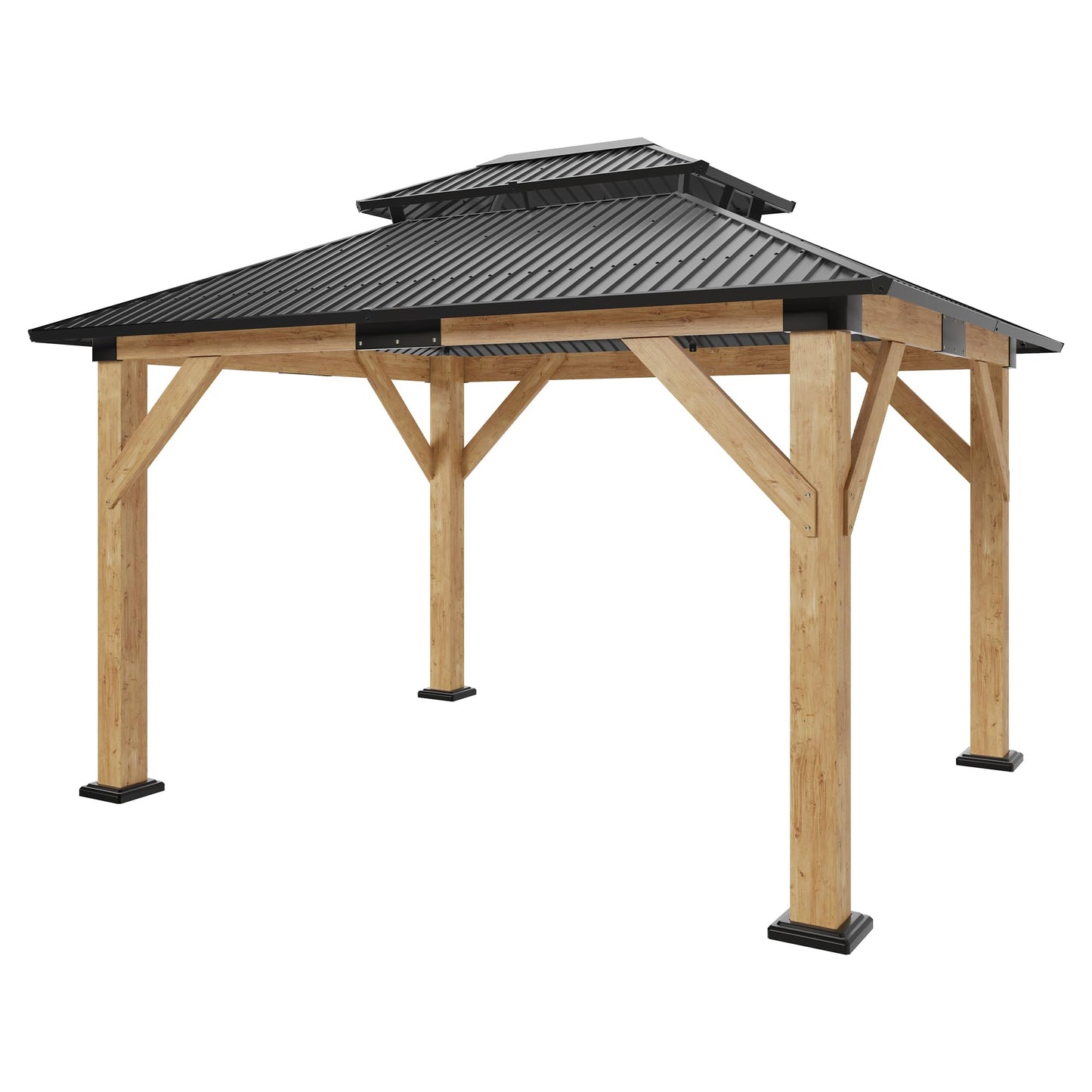 AMERLIFE 10x12 Spruce Wood Gazebo, Hardtop Gazebo with Aluminum Double Roof, Outdoor Pergola with Wood Frame for Parties, Backyard, Lawns, Patio