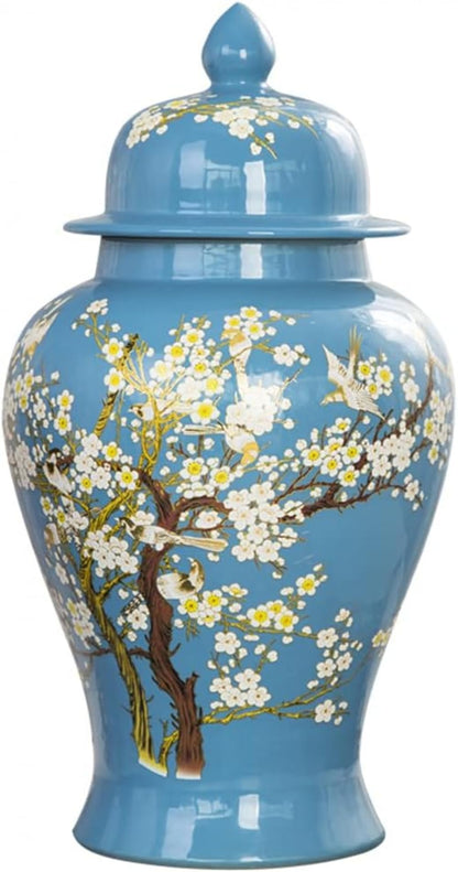ERoomQ Blue Ceramic Ginger Jar with Lid for Home Decor,Traditional Chinese Trees and Flowers Temple Jar, Jingdezhen Handcrafted Porcelain Vase Centerpiece Decor-Medium