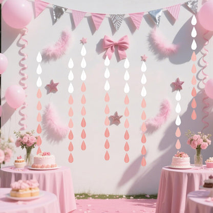 Baby Shower Decorations for Girl - Pink Party Hanging Raindrop Garland, Wedding Supplies, Birthday Banners Decor Set
