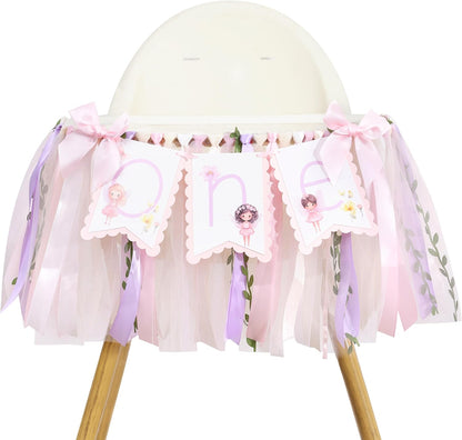 1st Fairy One High Chair Banner - Little Fairy Birthday Party Decoration,Sweet Floral Highchair Banner