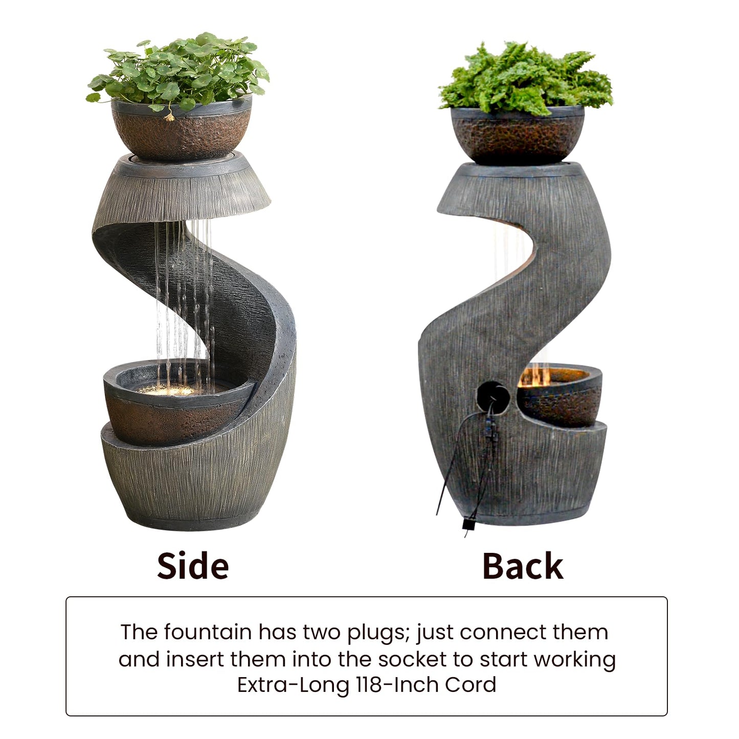 Takamota Outdoor Water Feature Patio Fountain with LED Lights, 31.9" Resin Garden Waterfall Fountain Outdoor, Modern S-Shaped Bowl Design Water Feature for Porch, Garden, Yard, Home Decor, Grey