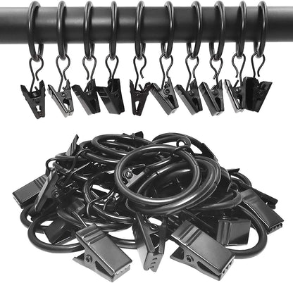 44 Pack Metal Curtain Rings with Clips | Drapery Clips with Rings | Fits Diameter 6/8 in Curtain Rod, Black
