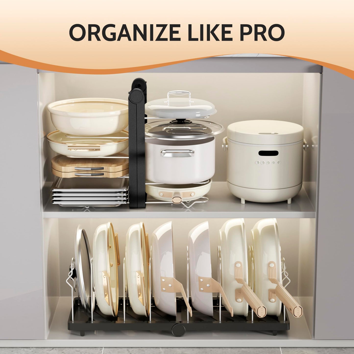 CEHNCEH Foldable Pots and Pans Organizer Under Cabinet 28.5" L x 9.1" W x 9.9" H Expanded, Folds Flat Adjustable 8-Tier Stainless Steel Dividers Kitchen Cabinet Cookware Baking Frying Rack (Black)