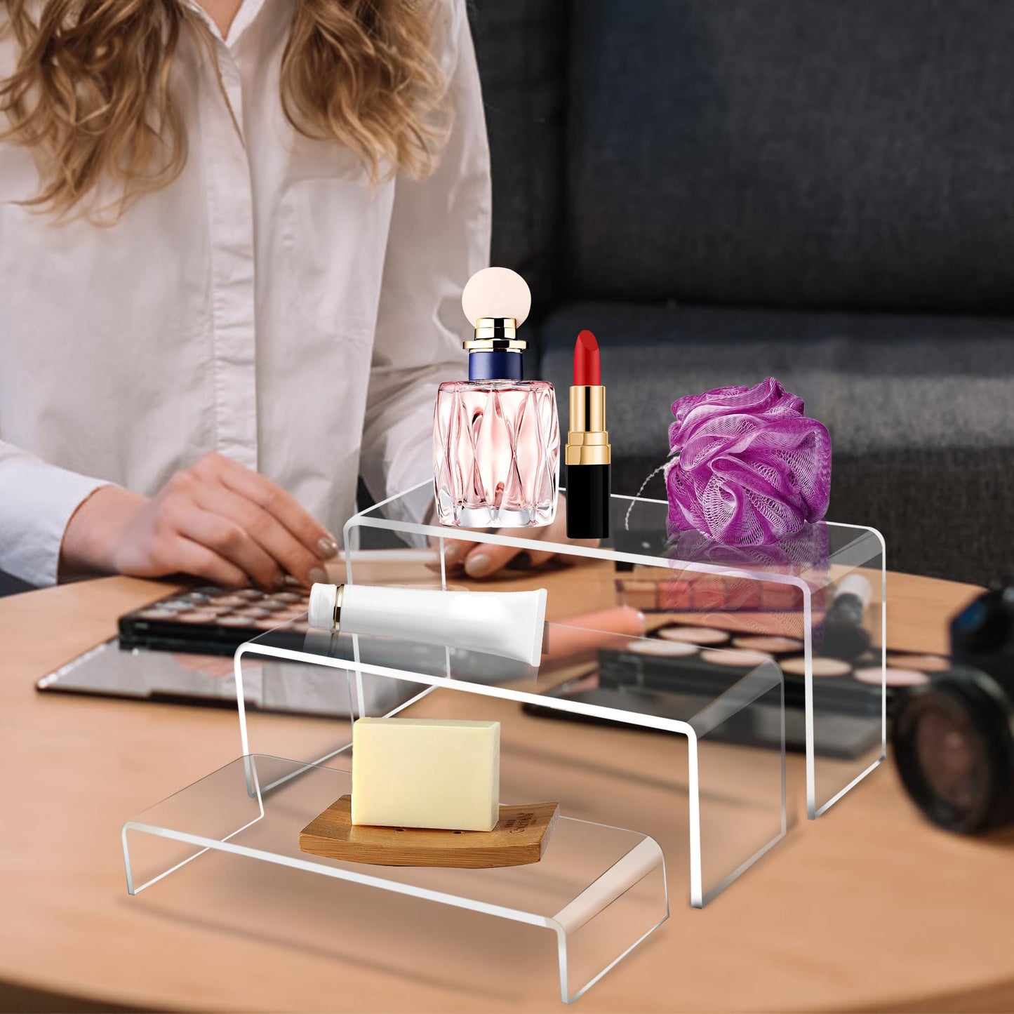 Jusalpha 6 PC 10'' Large Clear Acrylic Riser Set, Acrylic Display Risers Shelf Showcase Fixtures for Jewelry, Display Stand for Amiibo Funko POP Figures, Cupcakes, Food Display, Cabinet- 10 x 3.9 x 3.9 in
