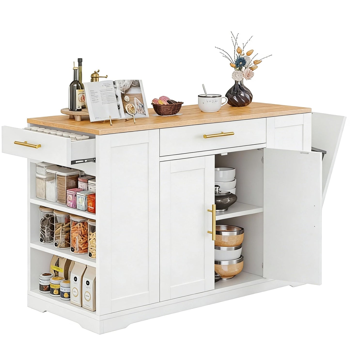 YITAHOME 53 inch Large Rolling Kitchen Island with Trash Can Storage Cabinet, Portable Mobile Islands Table Long Floating Movable w Wheels Cabinet for 13 Gallon Garbage Bin 2 Drawer, White Oak
