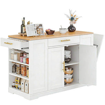 YITAHOME 53 inch Large Rolling Kitchen Island with Trash Can Storage Cabinet, Portable Mobile Islands Table Long Floating Movable w Wheels Cabinet for 13 Gallon Garbage Bin 2 Drawer, White Oak