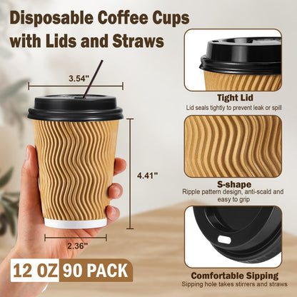 SIUQ 12 oz Coffee Cups-90 Pack Disposable Coffee Cups with Lids and Straws, Insulated Ripple Wall To Go Paper Coffee Cup for Coffee, Hot Chocolate and Hot Tea Drinks - Champagne