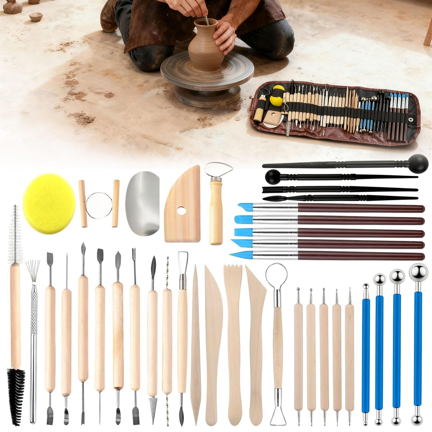 Pottery Clay Sculpting Tools Kit: 39Pcs Foam Clay for Stippling Carving Shaping Molding with Storage Bag - Air Dry Clay for Professional Polymer Artists Even Beginners