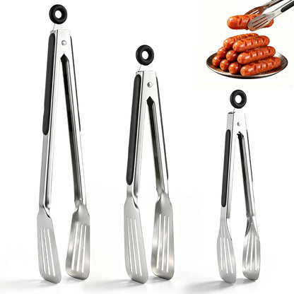 Metal Tongs for Cooking, Set of 3 Stainless Steel Spatula Tongs – 7, 9 & 12 Inch Heavy Duty Kitchen Tongs with Strong Grip, Pull Lock for Grilling, Flipping Steak, Fish & Ribs