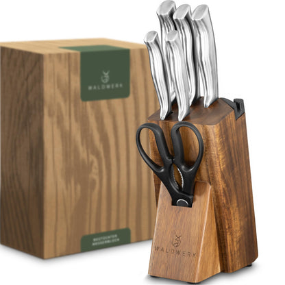 WALDWERK Knife Set - 7pcs Kitchen Knife Set with Block and Integrated Sharpener - Knife Block Set - Knife Block
