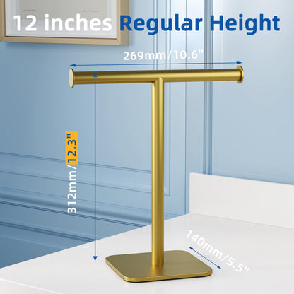 RUACQ Hand Towel Holder Stand, T-Shape Stainless Steel Free Standing Towel Rack, Vanity Countertop Towel Holder for Bathroom Kitchen Heavy Duty (Brushed Gold)
