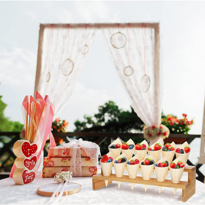 Queekay 100 Pcs Disposable Wooden Food Cones with 12 Holes Food Cone Display Stand Cone Holder for Charcuterie, Ice Cream, Catered Events, Party or Buffets(Straight,Bamboo)