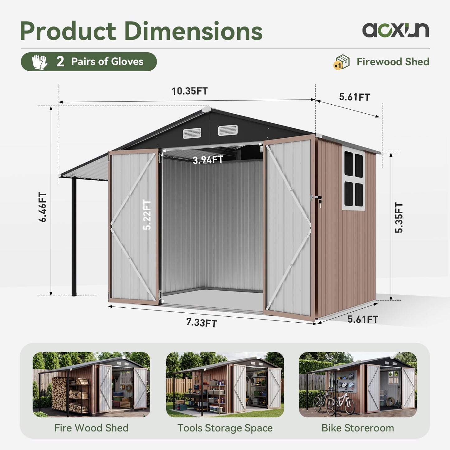Aoxun 6x10 FT Outdoor Storage Shed with Open Firewood Storage,Galvanized Steel Garden Shed with Lockable Doors,Sloped Roof,Windows, 2 in 1 Large Metal Tool Shed for Patio, Backyard, Lawn (Brown)