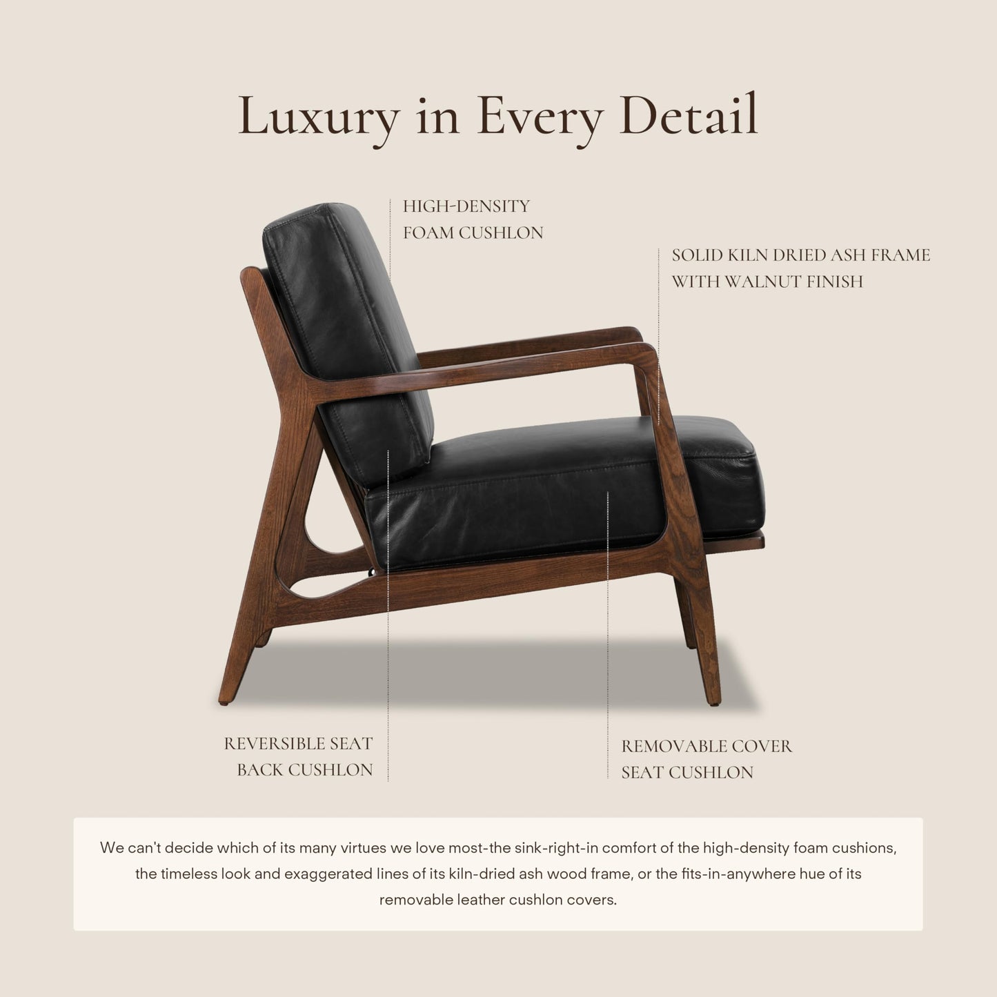 Poly & BARK Verity Leather Accent Chair – Armchair with Walnut Wood Frame – Fashion-Forward Lounge Seating for Living Room – Upholstered in Onyx Black Leather for Modern Style