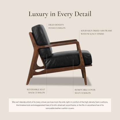 Poly & BARK Verity Leather Accent Chair – Armchair with Walnut Wood Frame – Fashion-Forward Lounge Seating for Living Room – Upholstered in Onyx Black Leather for Modern Style