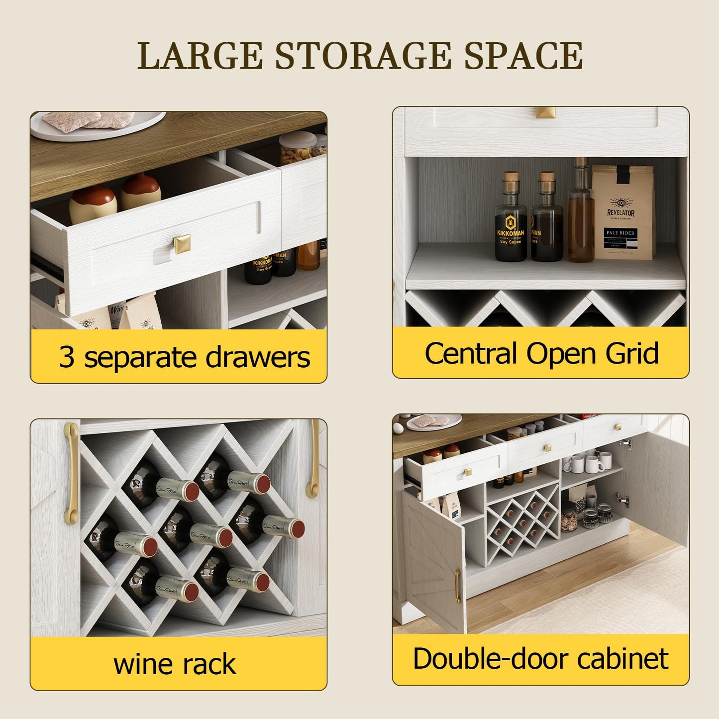 JGOEI 55.12" Kitchen Cabinet Storage, Farmhouse Coffee Bar with Power Outlet, Wood Cabinet with 3 Drawer, Removable Wine Rack for Dining Room, Kitchen, Living Room, White