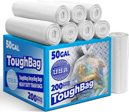 ToughBag 50 Gallon Trash Bags Heavy Duty, Clear Trash Bags (200 COUNT) - Made in USA