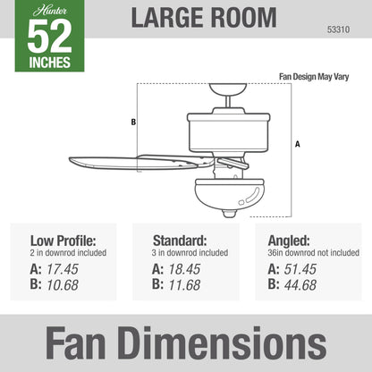 Hunter 52 inch Indoor Ceiling Fan with LED Light - White Ceiling Fan with Pull Chain, For Bedroom or Living Room, Standard Mount, No Remote, 5 Blades, Includes Bulbs - Newsome 53310, Fresh White
