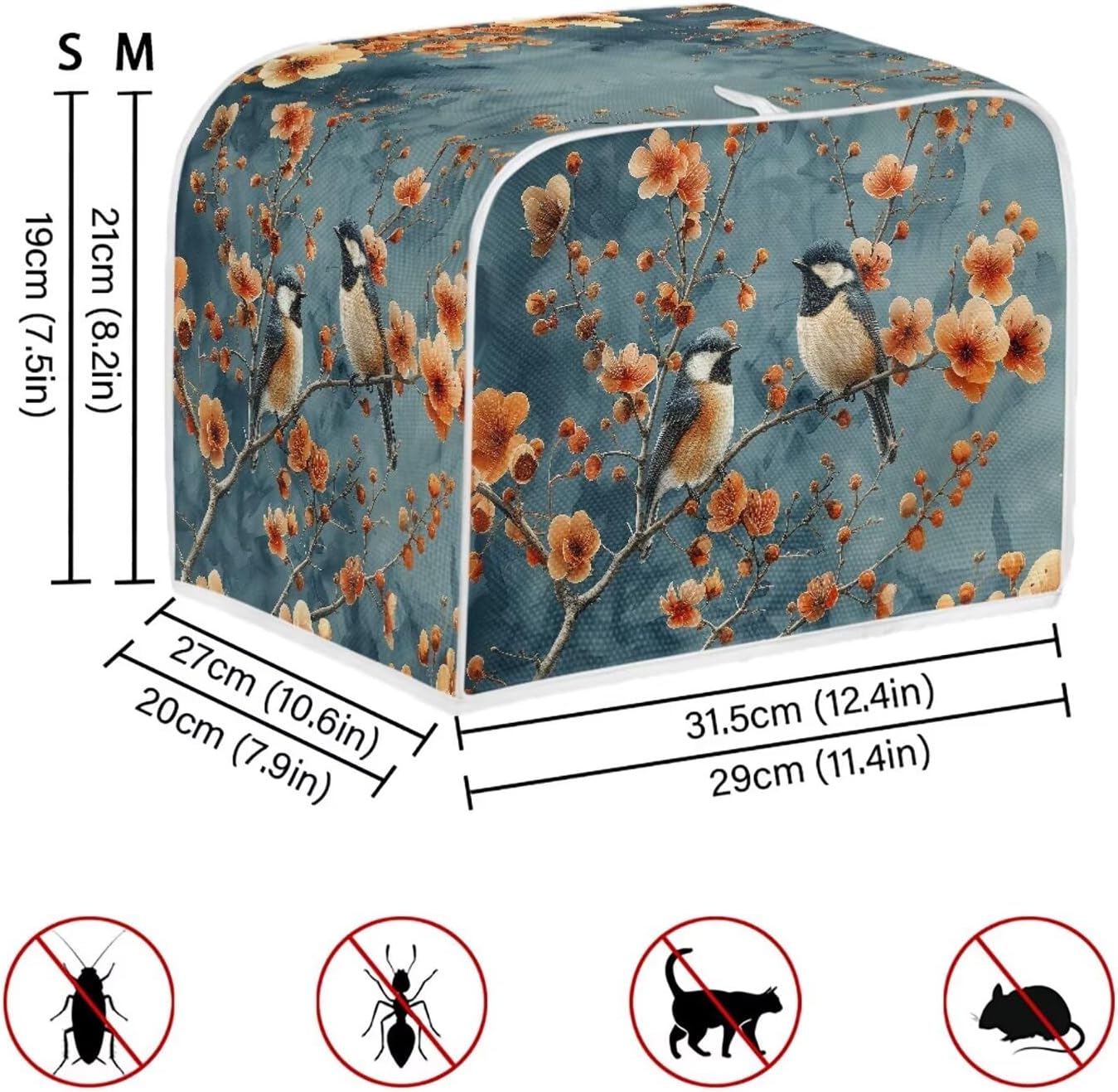 Blue Small Bird & Orange Red Flowers Toaster Cover - 4 Slice, Universal Size Dustproof Covers with Handle for Microwave
