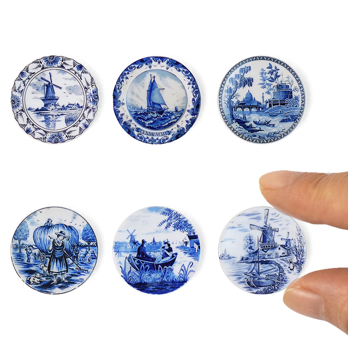 6PCS Handcrafted Miniature Ceramic Plates in 1:12 or 1:6 Scale, Vintage Porcelain Playhouse Dishes (Blue-White B, 2.3CM)