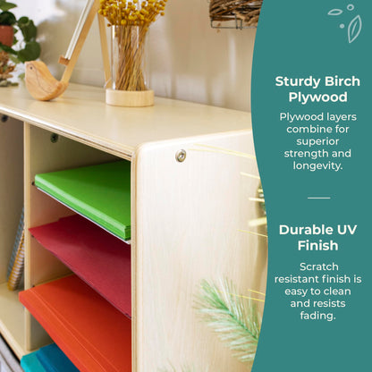 Guidecraft EdQ Shelves and 10 Bin Storage Unit- Natural: Multi-Functional Cube Storage Organizer or Bookcase, Wooden Cabinet for School and Home, Teacher's Book Cubby and Toy Shelf