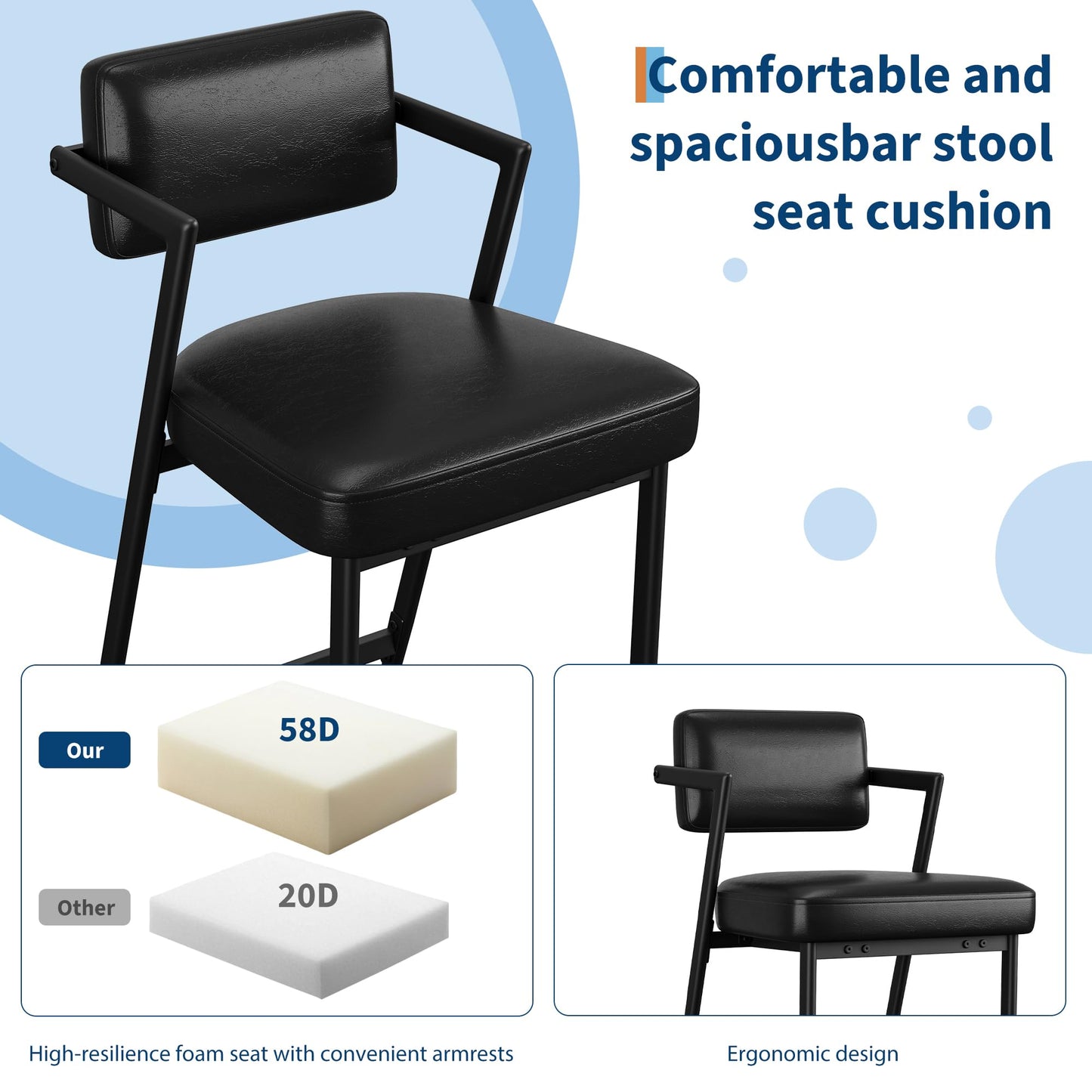 IDEALHOUSE Bar Stools Set of 4 with Armrest, Upholstered Counter Height Bar Stools with w/Backrest and Footrest, 27" Tall Bar Chairs Thick Cushion & Thickened Metal Legs, for Island