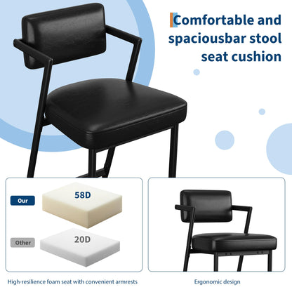 IDEALHOUSE Bar Stools Set of 4 with Armrest, Upholstered Counter Height Bar Stools with w/Backrest and Footrest, 27" Tall Bar Chairs Thick Cushion & Thickened Metal Legs, for Island