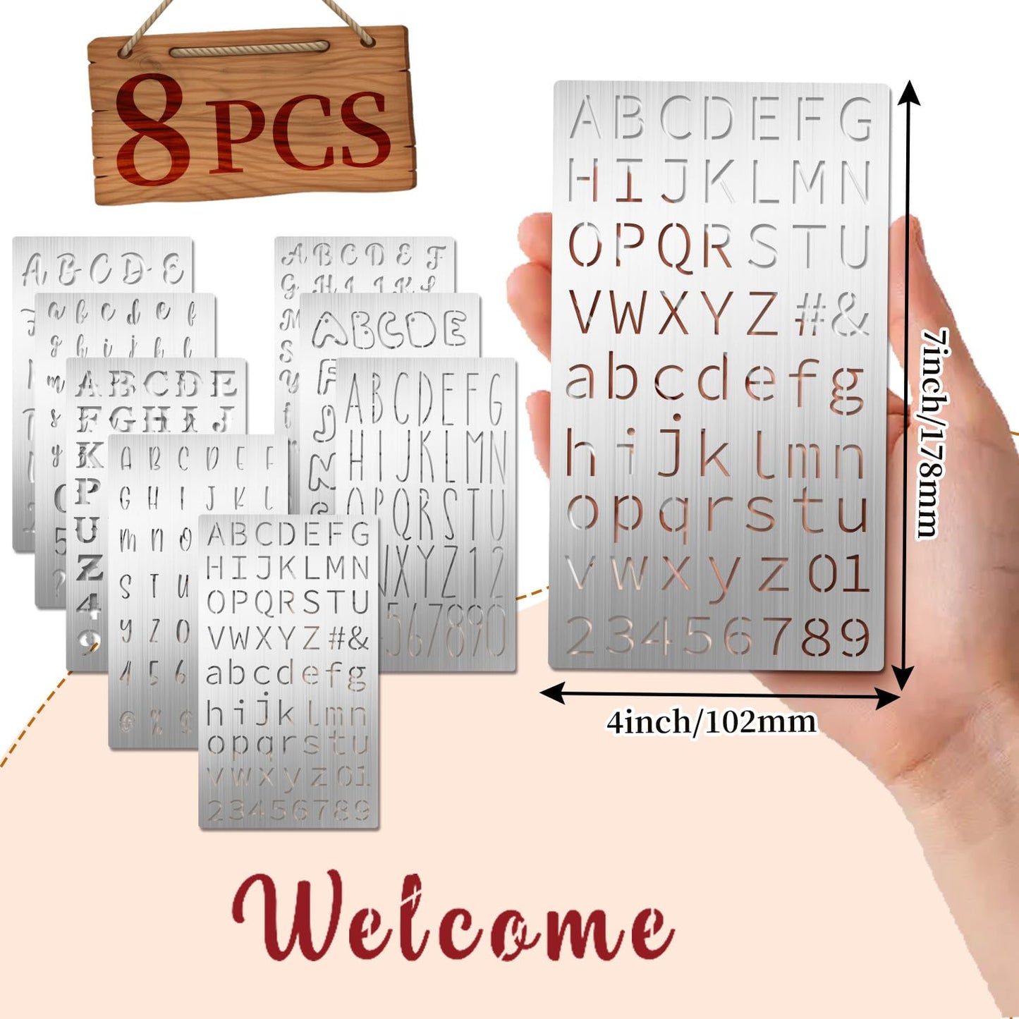 Eageus 8 Pcs Metal Letter Stencils Wood Burning Stencil Lettering Stencils, Small Reusable Alphabet Painting Template for Carving Drawing Engraving Journal Pyrography Craft(Letter Style)