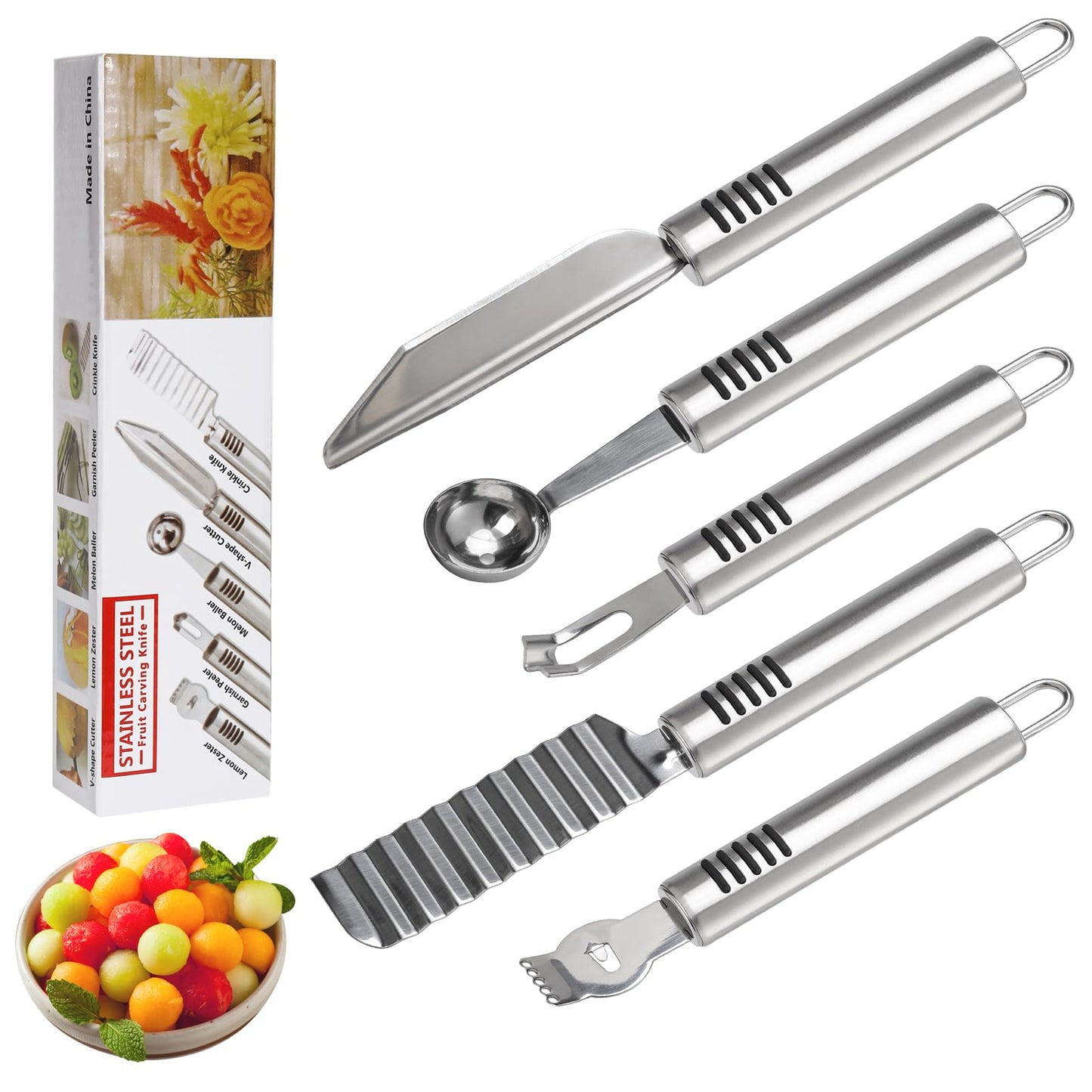 BURLIHOME Stainless Steel Fruit Carving Knife Set, 6 Pack Vegetable Engraving Blades for Kitchen, Melon Baller Scoop,Lemon Zester, Garnish Peeler,Crinkle Knife,V-shape Cutter