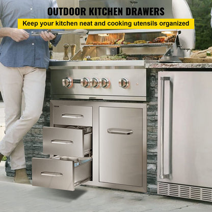 VEVOR Stainless Steel Cabinet, Outdoor Kitchen Door Drawer Combo 29.5" W x 22.6" H x 21.7" D, Access Door/Triple Drawers, Propane Drawer, Adjustable Garbage Ring, BBQ Island Patio Grill Station