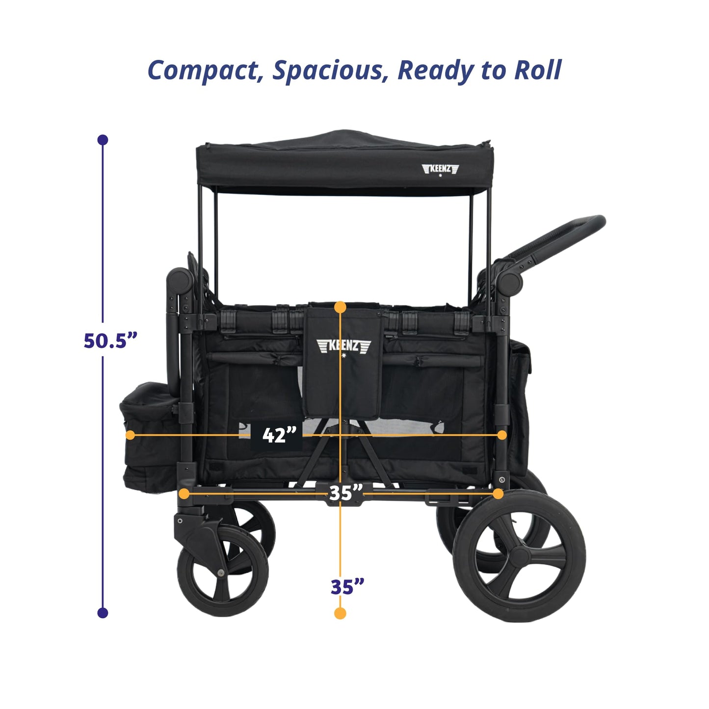 Keenz MOOV 4-Passenger All-Terrain Stroller Wagon with Reclining Seats, Built-in Cooler, Push/Pull Handle, Rubber Wheels, and Activity Tray – Foldable Wagon for Four Kids, Black