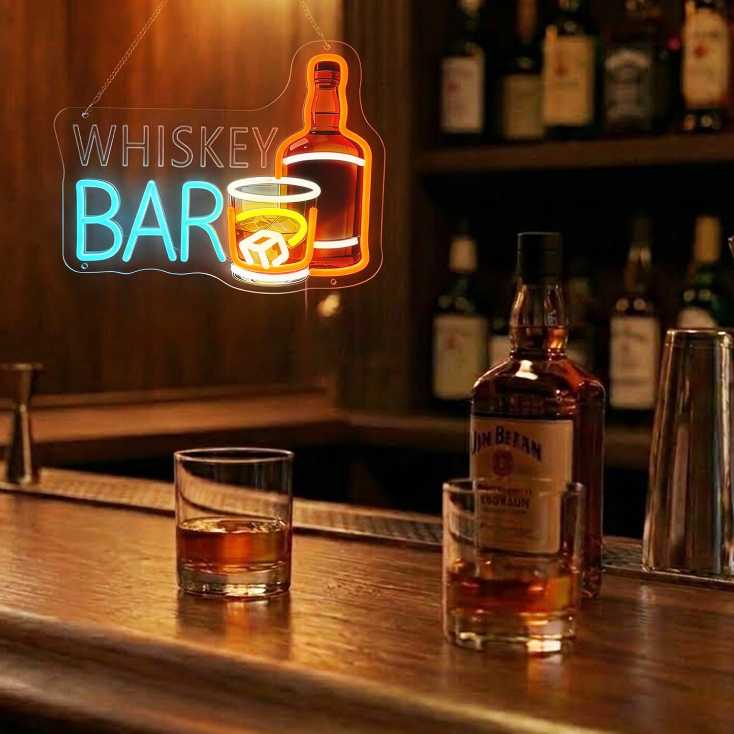 Whiskey Bar Neon Sign, LED Sign for Man Cave Decor, Neon Bar Signs for Home Bar, Bar Wall Art, Cool Whiskey Gifts for Men, Dimmable UV Printed Light Sign, 14.2 x 11.4 In