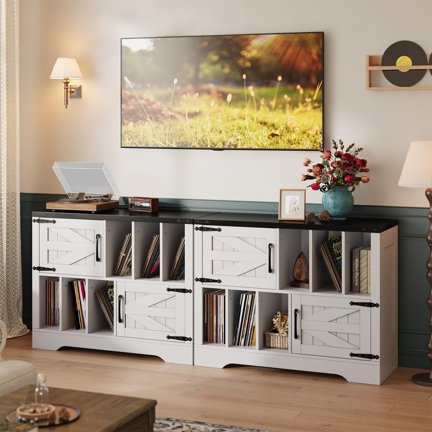 Vinyl Record Storage Cabinet, 39" Large Turntable Stand with Barn Doors, White Mid Century Modern Record Player Table with Display Shelf Rack for Albums Books Media Stereo Audio Home Living Room