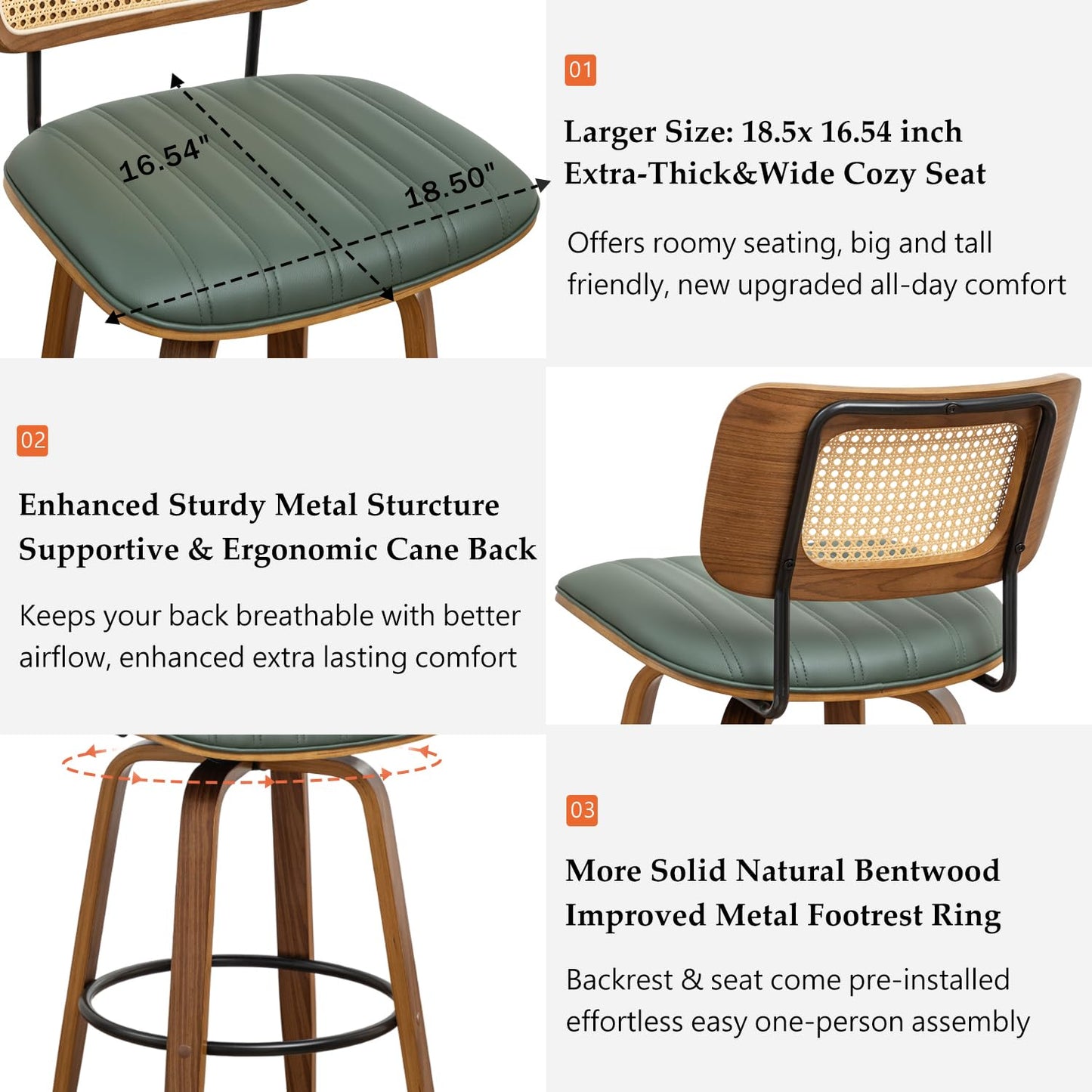 Set of 2 Swivel Bar Height Stools, 30.3 Inch Rattan Cane Back, Faux Leather Upholstered Seat, Solid Wood Frame with Walnut Finish, Metal Footrest, Mid Century Kitchen Island & Home Bar Stools, Green