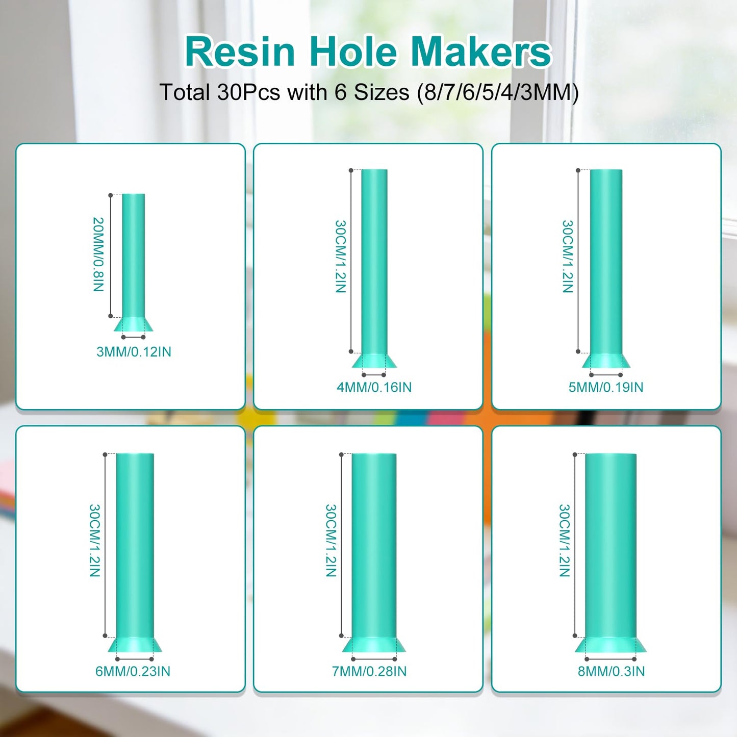 6 Sizes Hole Maker Resin Tool for Resin Mold, Drill-Free Silicone Resin Inserts, Resin Accessories for Epoxy Resin, 30PCS for Resin Jewelry Making & Keychain Crafts