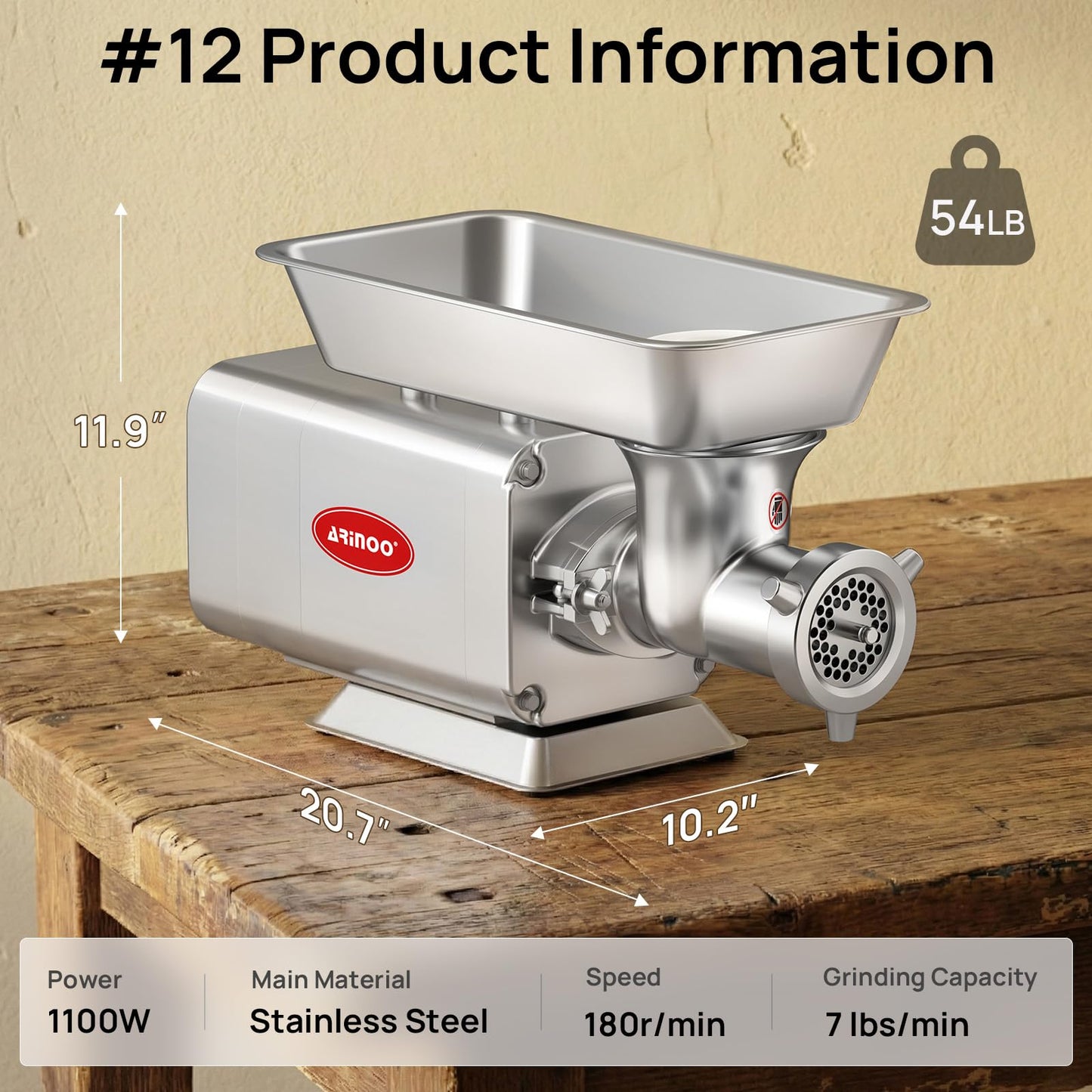 ARINOO Electric Meat Grinder, Grinds Chicken Bones, 1.5 HP Heavy Duty Stainless Steel Commercial #12 Meat Mincer Machine with 2 Plates, 2 Blades and 3 Sausage Tubes for Home Use, 7 Lbs/Min