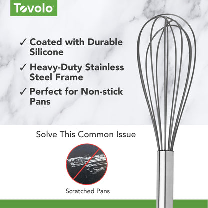 Tovolo Whisk 9 Inch Heavy Duty Silicone Wire Stainless Steel Whisker for Cooking Baking Blending Mixing Stirring Whipping Whisking, Dishwasher Safe Multi Use Classic French Wire Whisk, Charcoal Gray