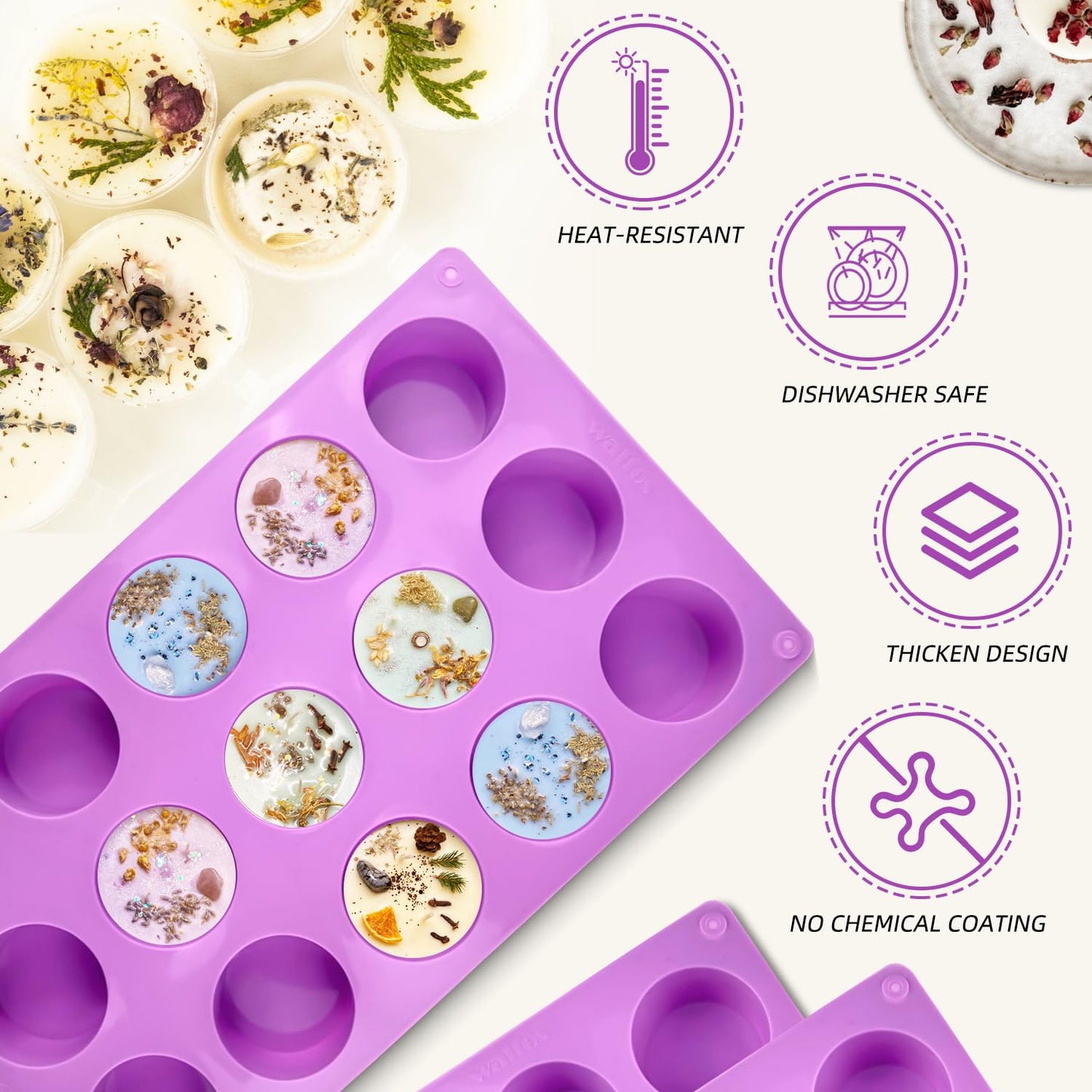 Walfos 3 Pack Small Soap Molds,15 Cavity Mini Round Silicone Molds,1.5inch Cylinder Silicone Soap Molds Perfect for Soap Making.Non-Stick BPA Free and Dishwasher Safe