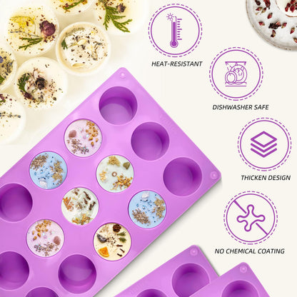Walfos 3 Pack Small Soap Molds,15 Cavity Mini Round Silicone Molds,1.5inch Cylinder Silicone Soap Molds Perfect for Soap Making.Non-Stick BPA Free and Dishwasher Safe