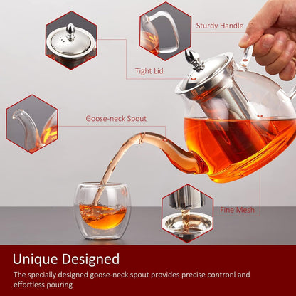 40oz Glass Teapot with Removable Stainless Steel Infuser for Blooming Tea & Loose Leaf Tea, Gift Box
