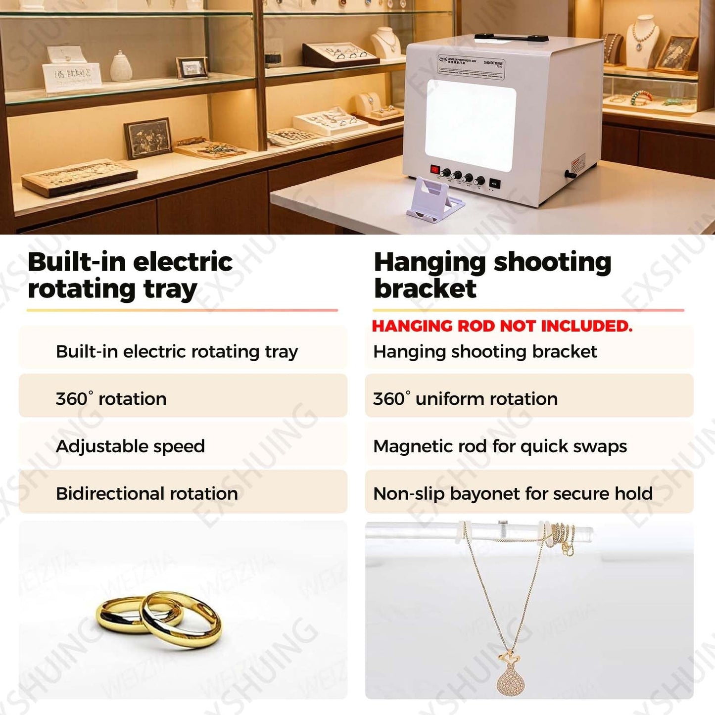 EXSHUING Jewelry Photography Light Box with Turntable, Dimmable Led Photo Tent – 360° Auto-Rotation, 1kg/2.2lbs Load, Hanging Bracket Included, 3000-5500k, CRI>92%, for Stunning Gemstone & Gold(TB30)