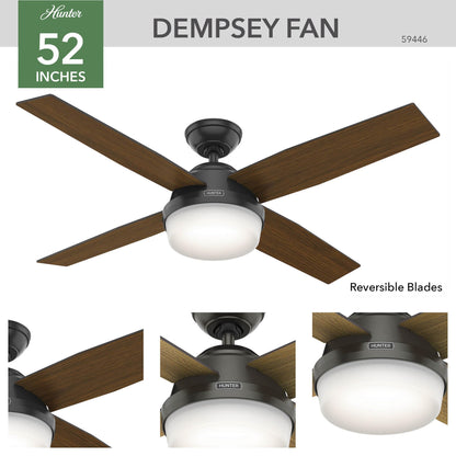 Hunter 52 inch Indoor Ceiling Fan with LED Light and Remote Control - Bronze Modern Ceiling Fan, Standard Mount, 4 Blades, For Bedroom, Living Room, or Kitchen, Quiet - Dempsey 59446, Noble Bronze
