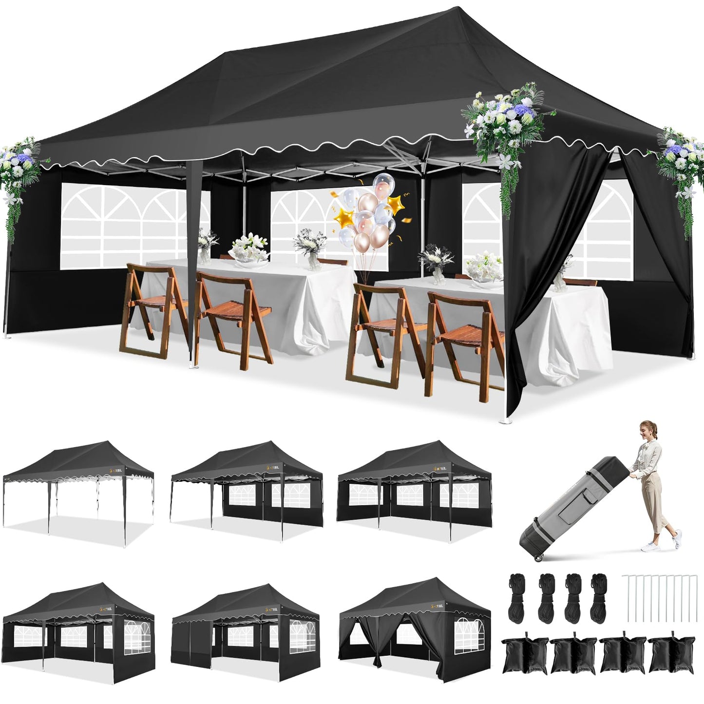 HOTEEL 10x20 Pop Up Canopy with 6 Sidewalls, Easy Setup Party Tent with Wheeled Bag, 4 Weight Bags, Silver Coated Event Shelter for Backyard, Vendor Booths, Black